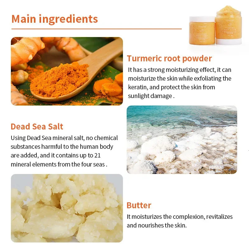 220g Turmeric Face Body Scrub Soften Cutin Brightening Moisturizing Salt Pore Cleaning Skin Smooth Exfoliating Skin care 1pcs 240624