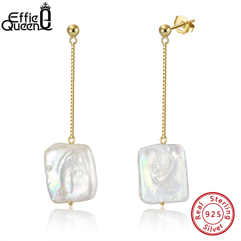 Effie Queen Retro Baroque Freshwater Cultured Pearl Earrings 925 Silver 14K Gold Plated Long Line Drop Earring for Women GPE05