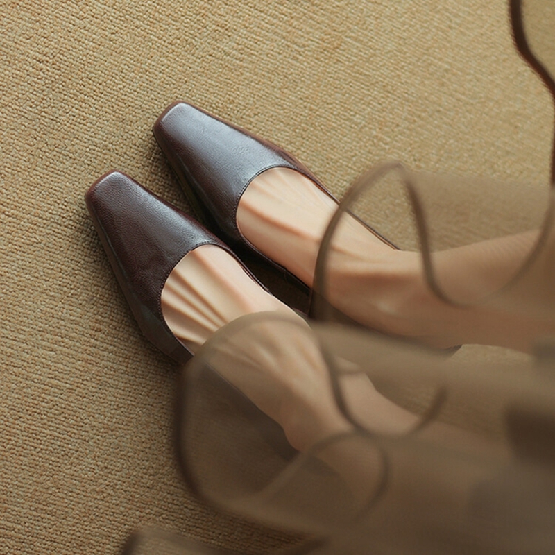NEW Spring/Autumn Pumps Genuine Leather For Square Toe Chunky Heel Women Elegant Mid-Heel Office Shoes