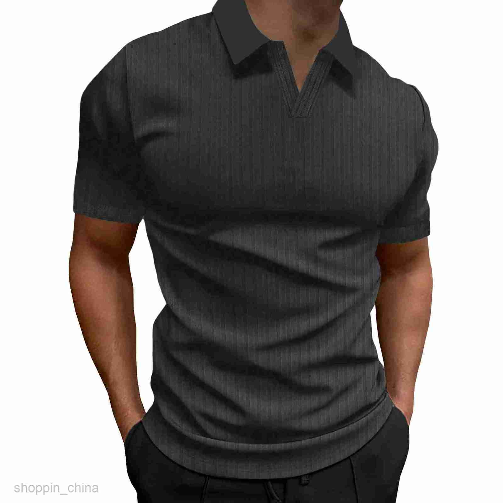 Men Polos Shirts Summer new polo shirt lapel V-neck vertical stripe short sleeve men's T-shirt tops