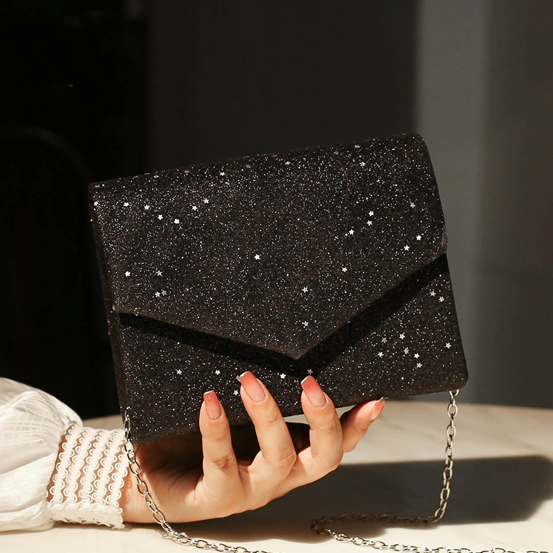 Black Messenger Crossbody Bag for Women Vintage Bling Sequins Clutch Purse Ladies Office Shoulder Bags High Quality Luxury