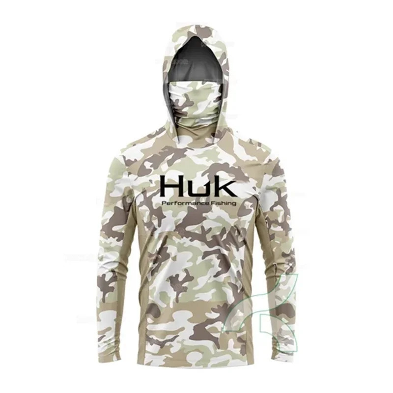 HUK Fishing Shirt Long Sleeve Anti-UV Fishing Hooded Shirts With Face Mask Fish Clothing Outdoor Sun Protection T-shirts UPF 50 240615