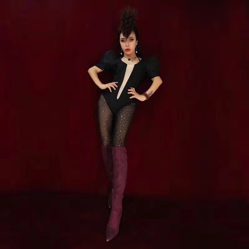 Sexy Nightclub Jazz Singer Dj Stage Costumes Women Puff Sleeve Rhinestones Bodysuits Crystals Leotard Ds Dancer Wear Black