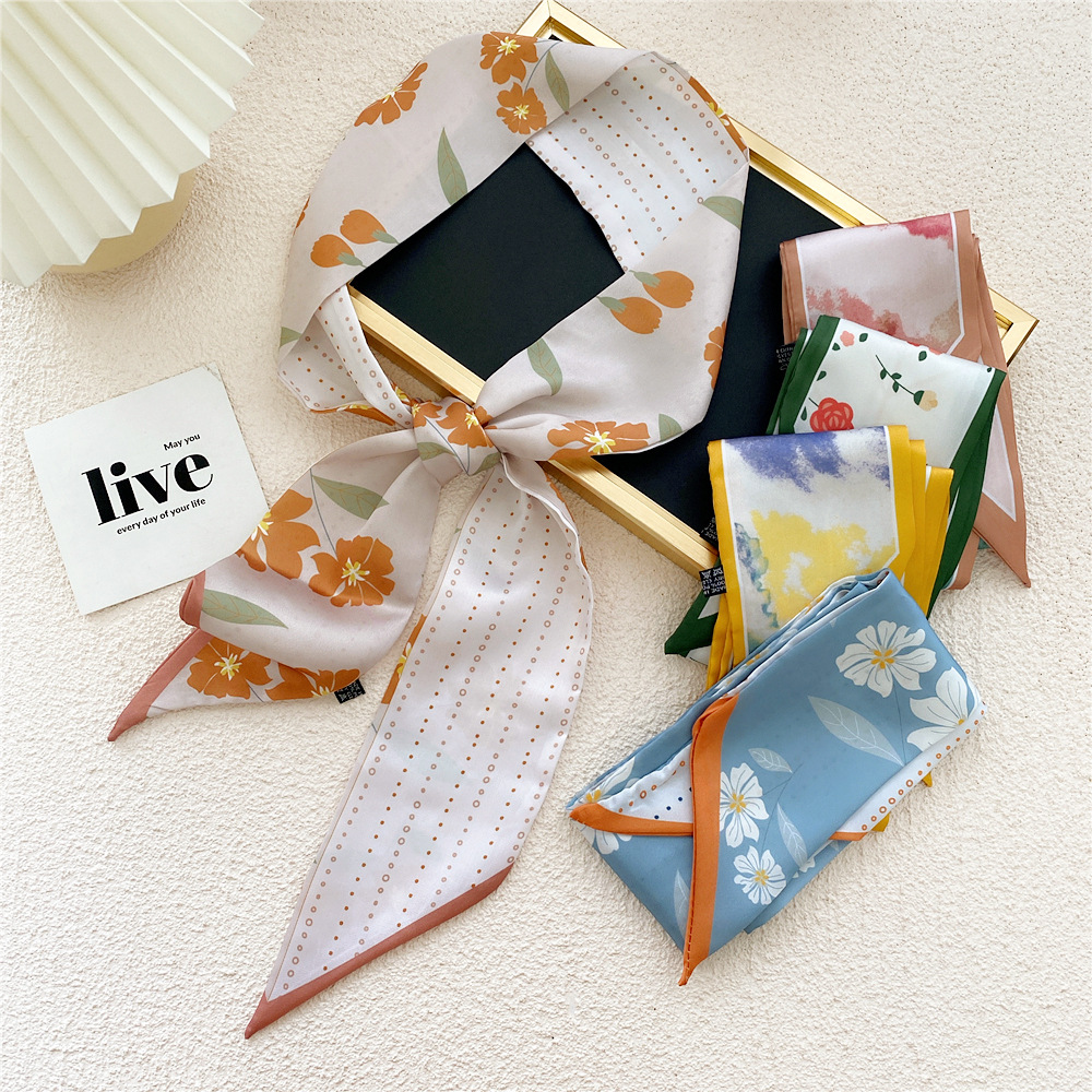 Female Spain Silk Neck Scarf Luxury Flower Print Hair Tie Scarves Foulard Head Band Shawls Wraps Neckerchief Bandanas Bag Bands