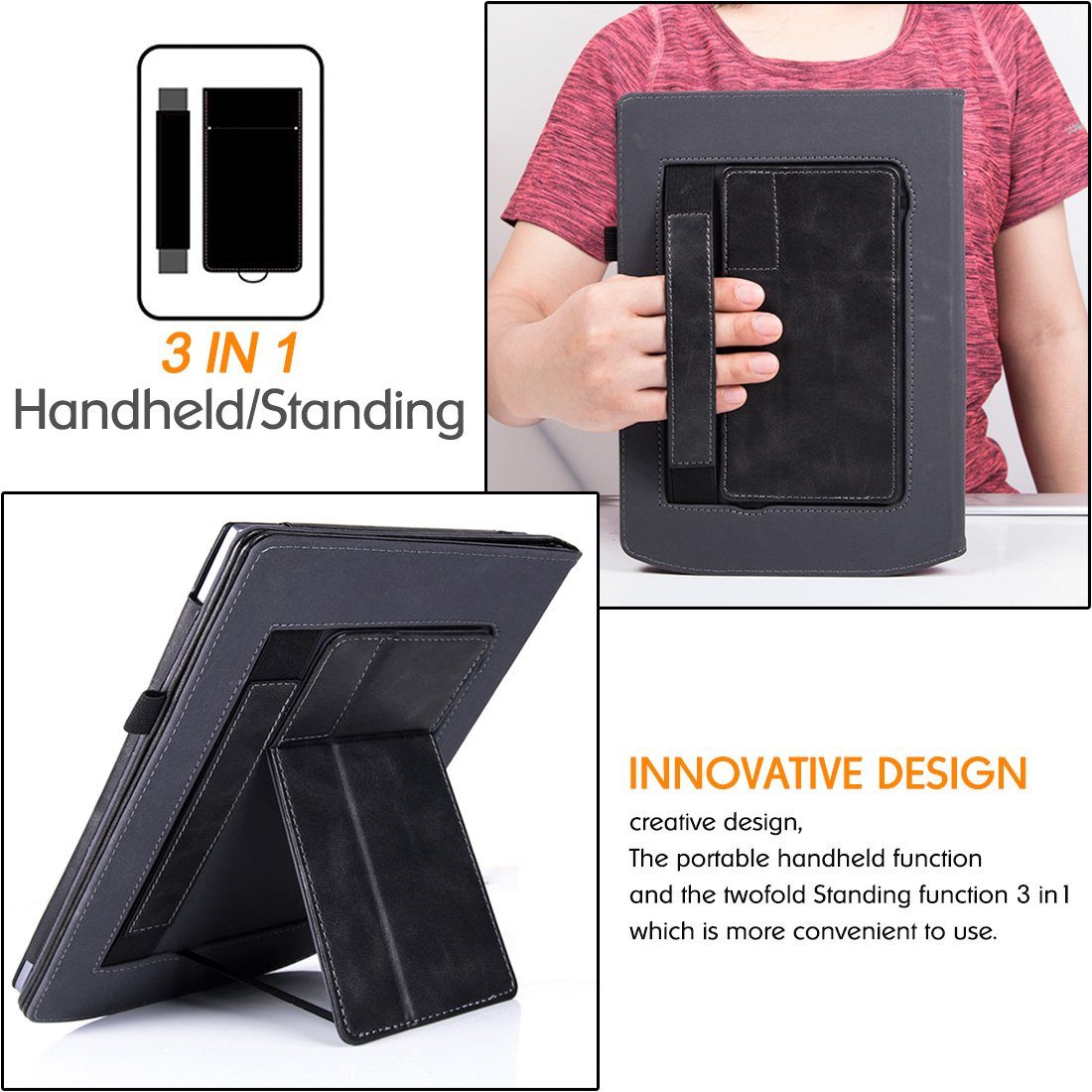 Stand Case for 10.3" Pocketbook Inkpad X / InkPad X Pro Tablet - PU Leather Sleeve Cover with Hand Strap/Auto Sleep/Wake