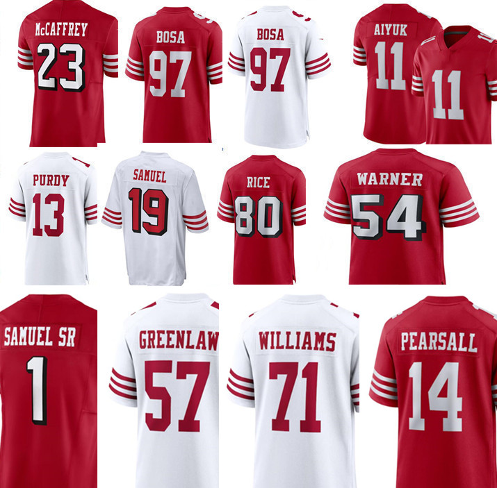13 Brock Purdy 23 Christian McCaffrey Joe Montana Jerry Rice Ronnie Lott Steve Young George Kittle Nick Bosa Deebo Samuel Sr Brandon Aiyuk Fred Warner Football Jersey
