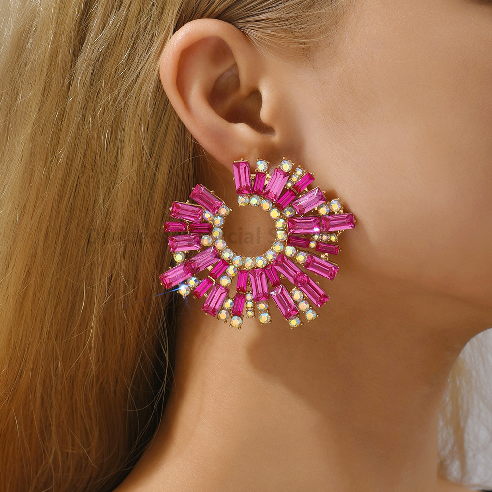 Luxury Round Big Stud Earrings For Women Girl Trend Ear Accessories Boho Colorful Geometric Rhinestone Brincos Vintage Jewelry