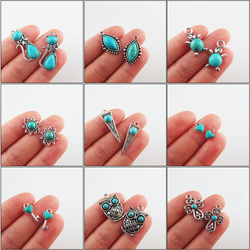 New Turquoise Stone Charms Cat Owl Cross Flower Key Oval Tibetan Silver Plated Pendants Retro
