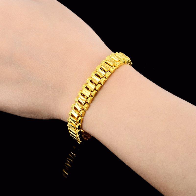 Wholesale 24k Gold GP 8MM Watchband Bangle Bracelet for Men Women 19CM Drop Shipping. Pure Gold Color Men's Bracelet Jewelry