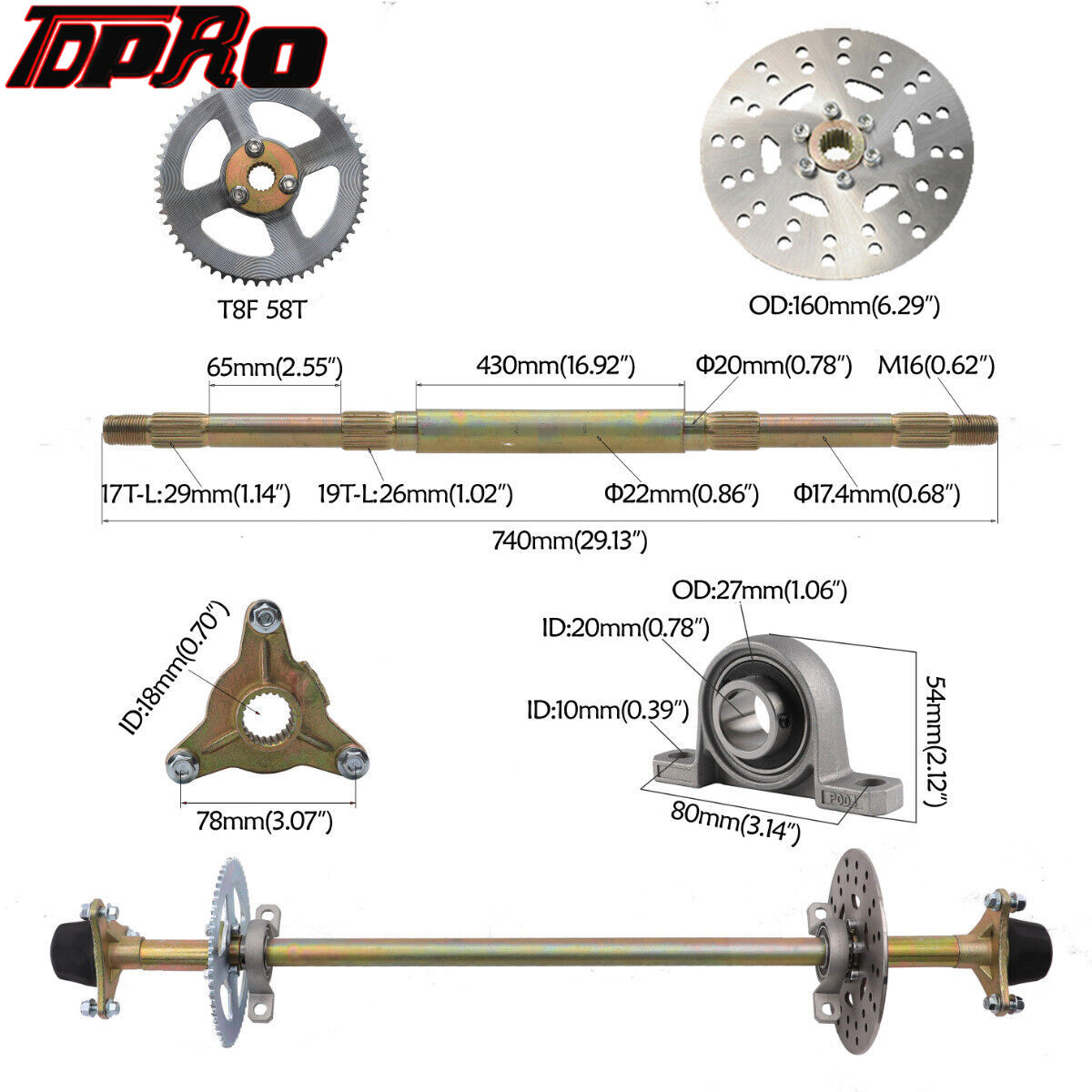 TDPRO 740mm Go Kart Rear Axle Kit 6" Wheels Tyres Sprocket Brake Assembly ATV Quad