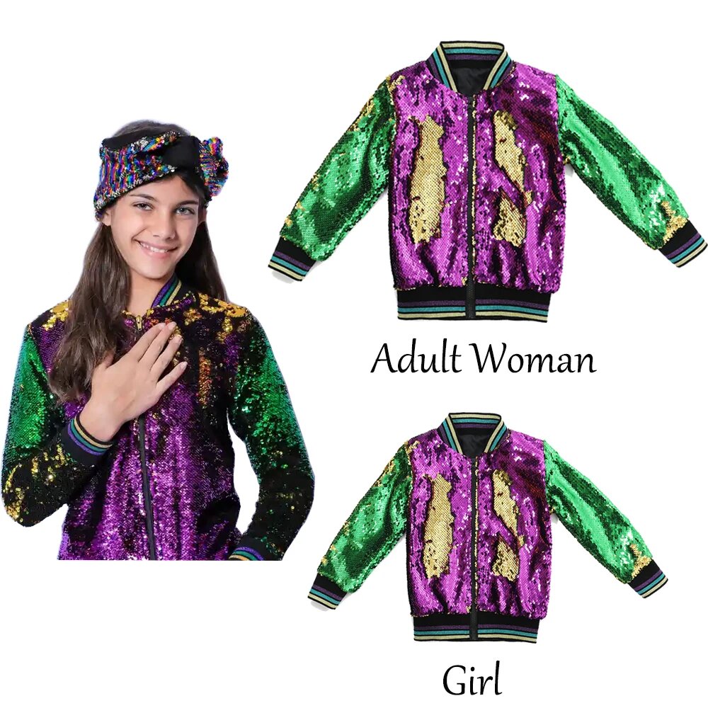 Chic Women Girls Jacket Mardi Gras Children's Clothes Long Sleeve Coats Top Wholesale Outwear Mother Kids Mathing Sequin Jackets