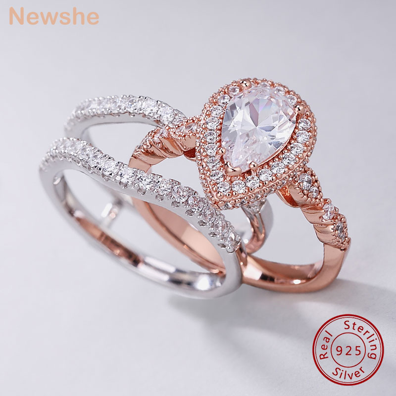 Newshe Yellow & Rose Gold 925 Sterling Silver Pear Shaped Engagement Ring Enhancer Wedding Band Simulated Diamond AAAAA CZ