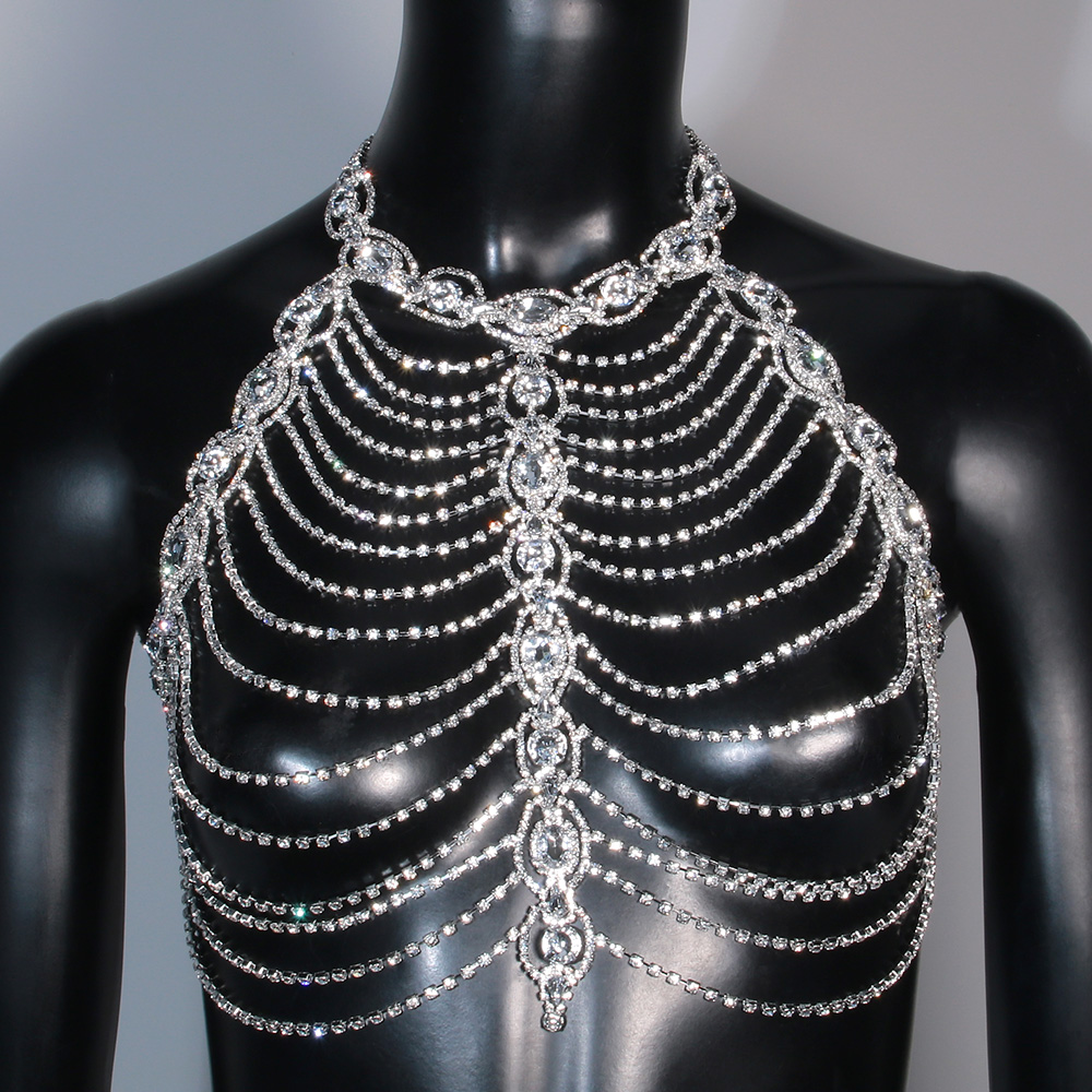 Block Layered Chest Chain Jewellery for Women Rhinestone Luxury Statement Collares Body Accessories Festival Jewelry Belly