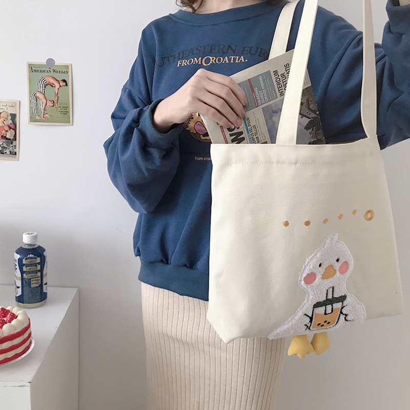 Hylhexyr ins Duck Embroidery Canvas Tote Bag 2020 New Soft Large Shoulder Work Bags Handbag for Women And Girl Shopping Bags