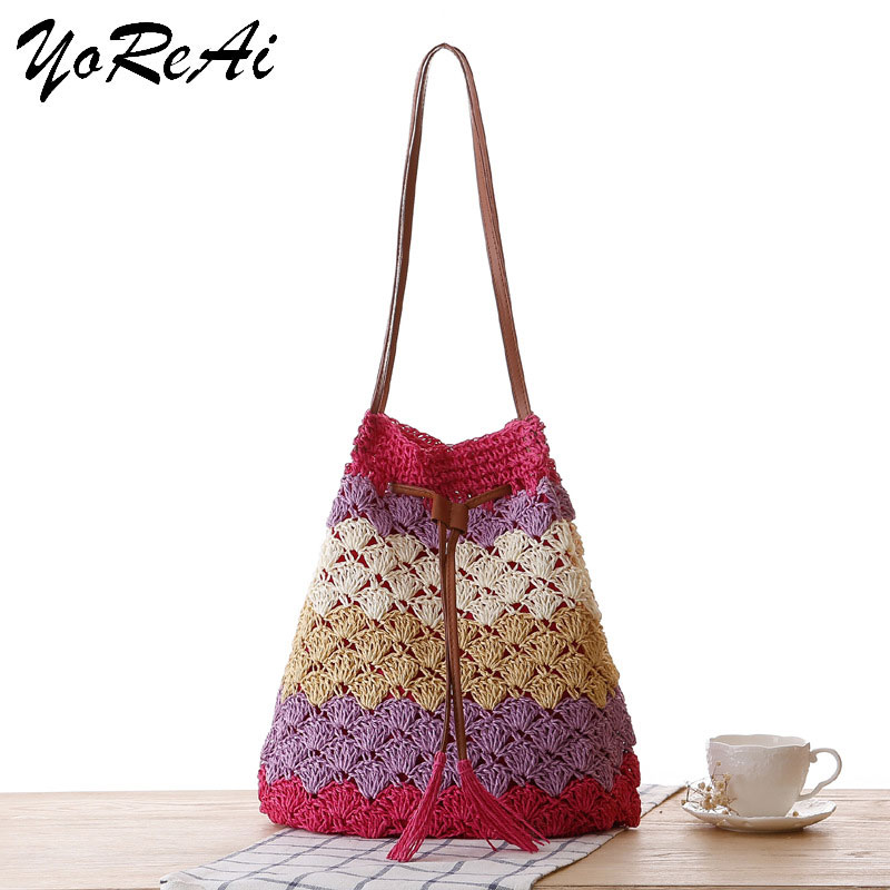 YoReAi 2022 New Bohemian Straw Bags for Women Wavy stripes Beach Handbags Summer Rattan Shoulder Bags Handmade Knitted Travel