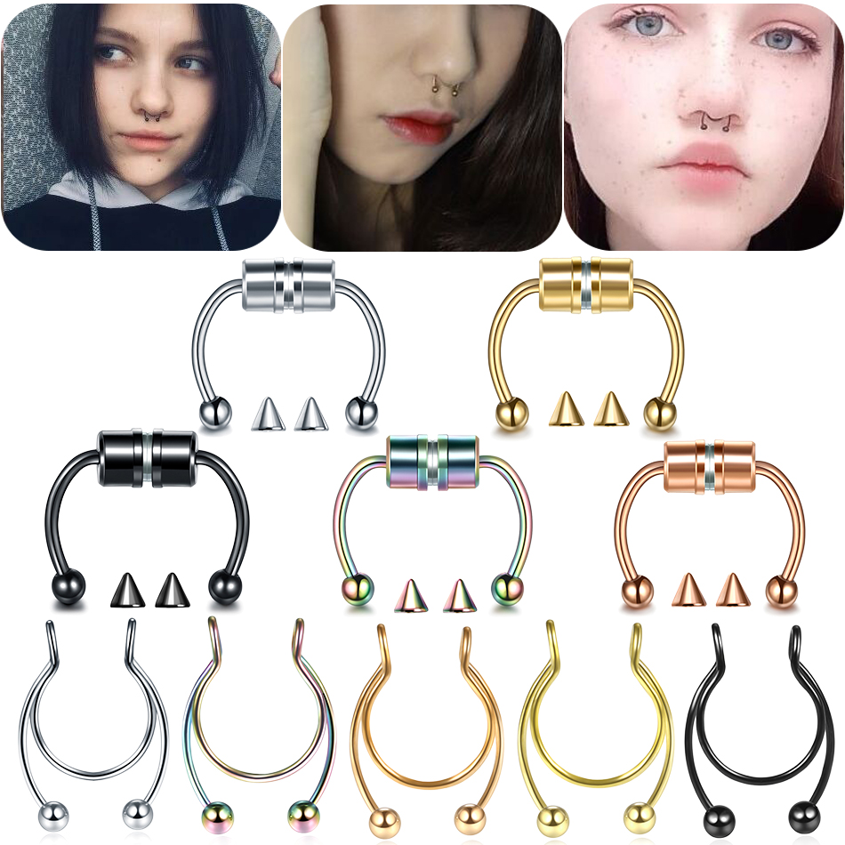 1PC Fake Piercing Nose Ring Surgical Steel Nose Piercing Hoop Septum Rings For Women Body Jewelry Gifts Magnetic Fake Piercings