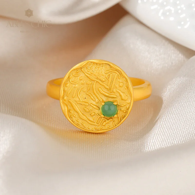AC 5A Freshwater Pearl 4-4.5mm Accent Solitaire Pattern Coin Matt 18K Gold Tone Solid 925 Silver Disc Ring RN1015