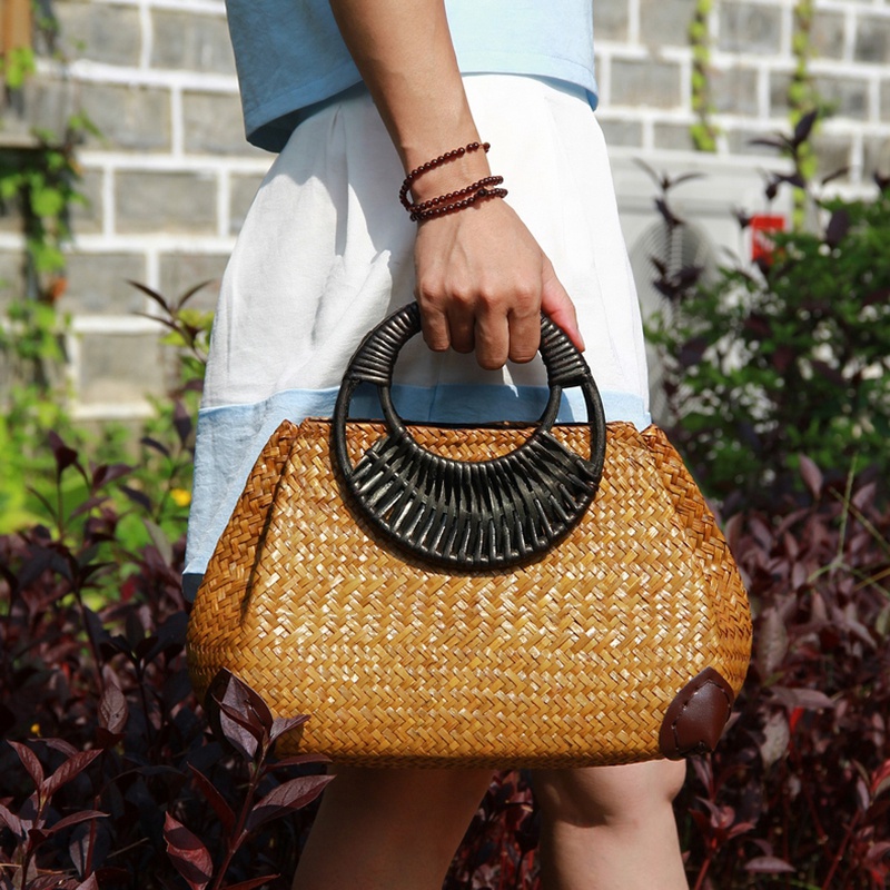 Women Straw Bags Female Bamboo Summer Beach Weave Handbag Lady Handmade Vintage Wood Handle Bag Travel Knitted Totes Bags