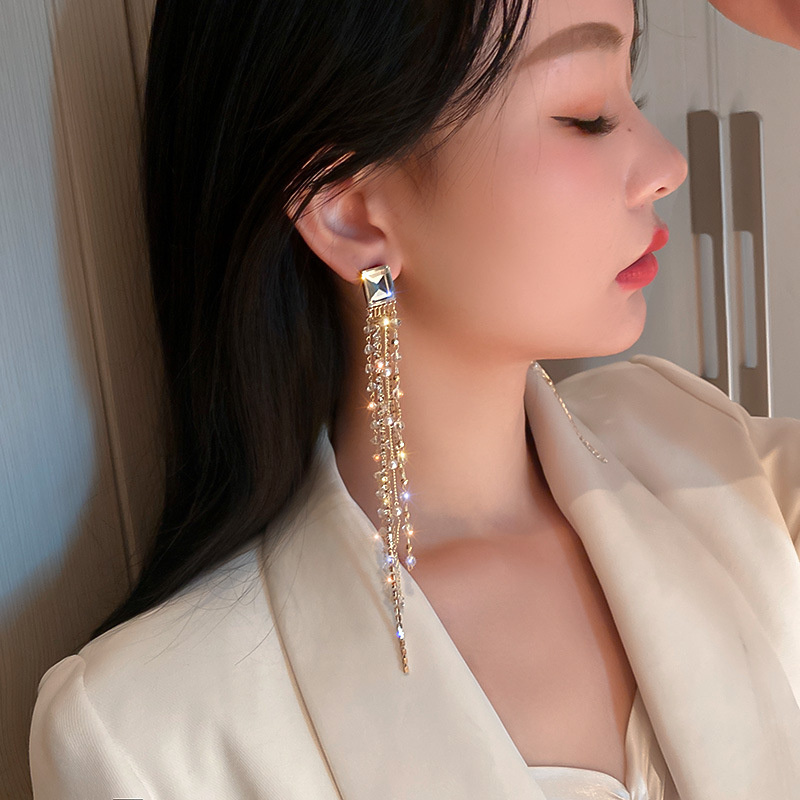 FYUAN Geometric Square Crystal Rhinestone Earrings for Women Bijoux Long Tassel White Beads Dangle Earrings Statement Jewelry