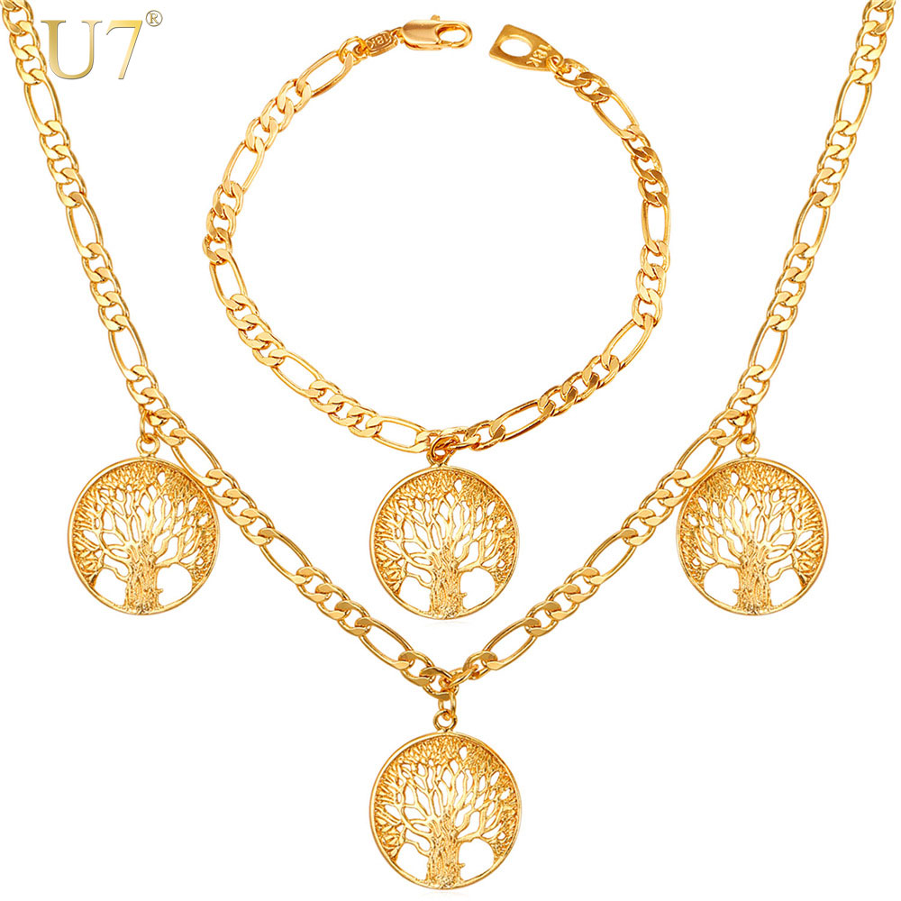 U7 Lucky Bracelet Necklace Set Trendy Gift Gold Color Charms Tree Of Life Russian Jewelry Set For Women S862
