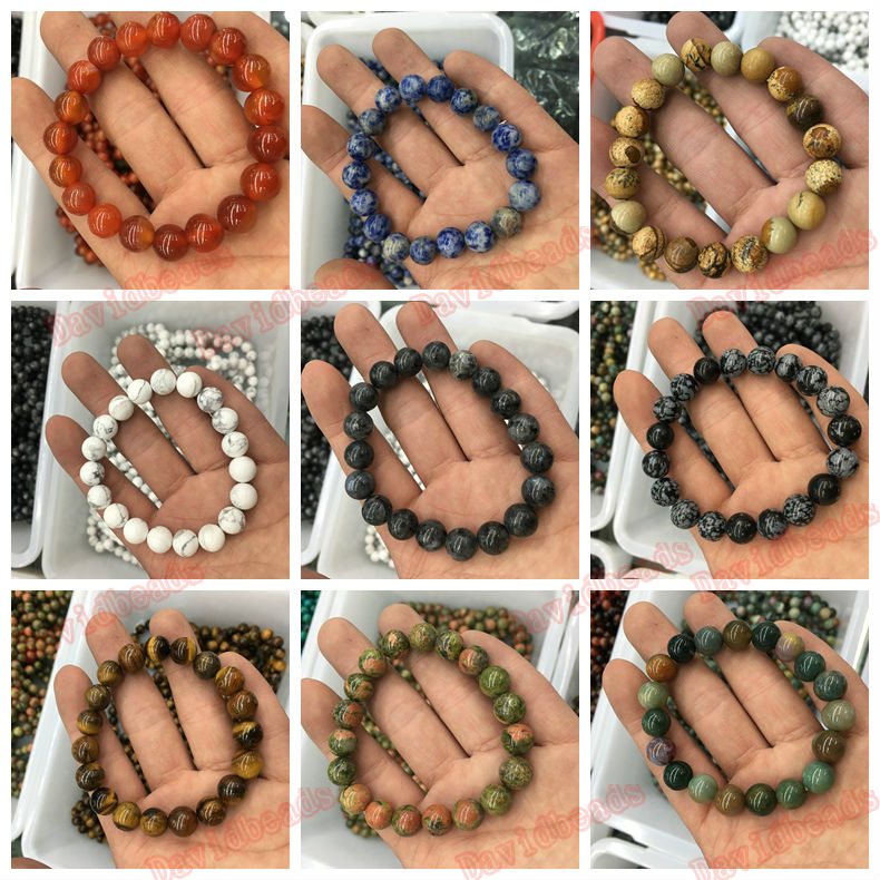 10MM Natural Stone Indian Agat lava picture tiger eye snowflake Labradorite Amazonite Round Beads Stretch Bracelet 19cm 1Pcs