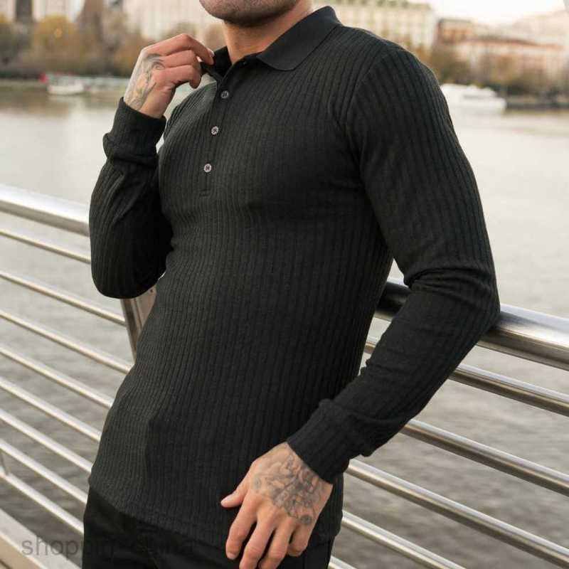 Men Polos Shirts Summer Sports Fitness Leisure Stand up Neck Elastic Vertical Stripe Long sleeved POLO Shirt for Men tops