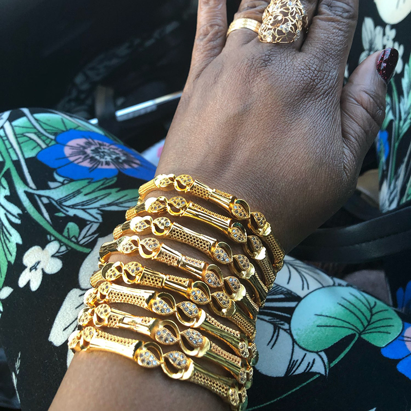4pcs/Lot Trendy Dubai Ethiopian Rhinestone Gold Color Bangles For Women Girls Wife African Arab Ramadan Wedding Bracelet Jewelry