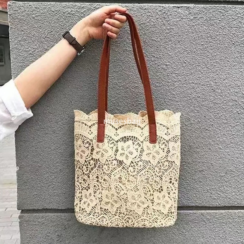 High quality women's designer leisure large capacity spring/summer new grass woven bag lace bucket mother child hollow beach bag cross-border hot