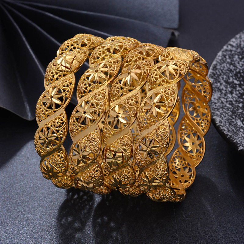 Wando 1Pcs/lot Gold Colour Bangle for Women Round Hollow Pattern Fine Bracelet Ethiopia/Dubai Jewelry Gifts Ramadan Newest
