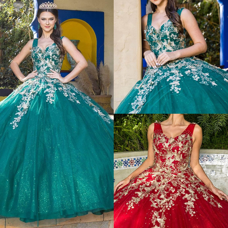 Sparkly Hunter Ball Gown Quinceanera Dresses With Gold Butterfly Lace Appliques Straps Sweetheart Floor length Sequin Prom Sweet 15 Dress For Girls La