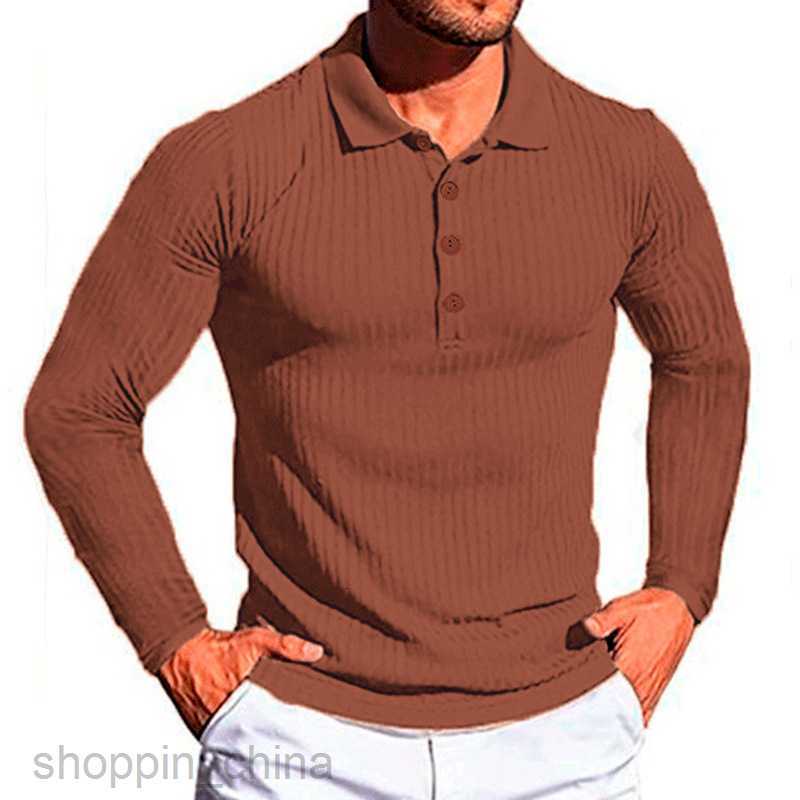 Men Polos Shirts Summer Sports Fitness Leisure Stand up Neck Elastic Vertical Stripe Long sleeved POLO Shirt for Men tops