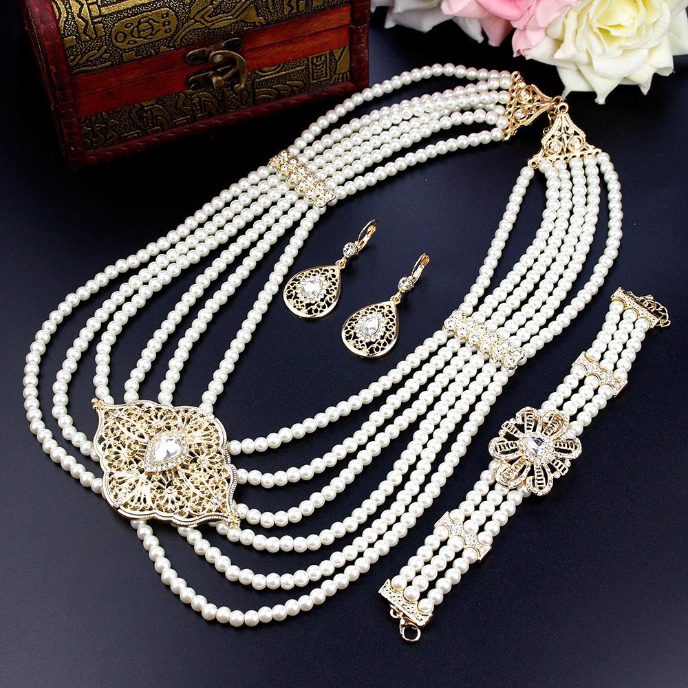 Sunspicems Algeria Morocco Bead Pearl Jewelry Sets Bridal Wedding Long Necklace Bracelet Earring Gold Color Arabic Caftan Bijoux