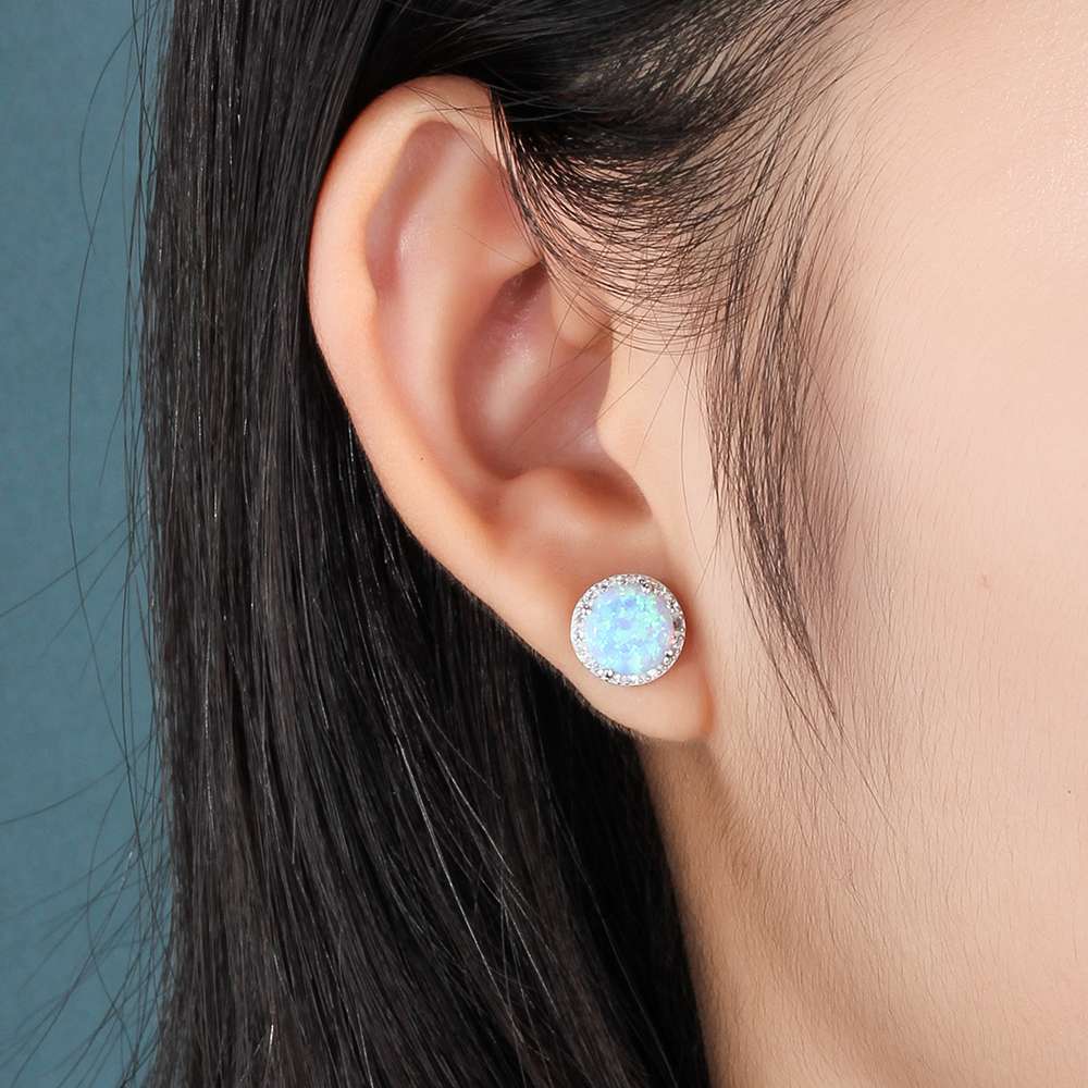 Classic 925 Sterling Silver Stud Earrings Round White Pink Blue Opal Earrings with Cubic Zirconia Jewelry Gift (Lam Hub Fong)