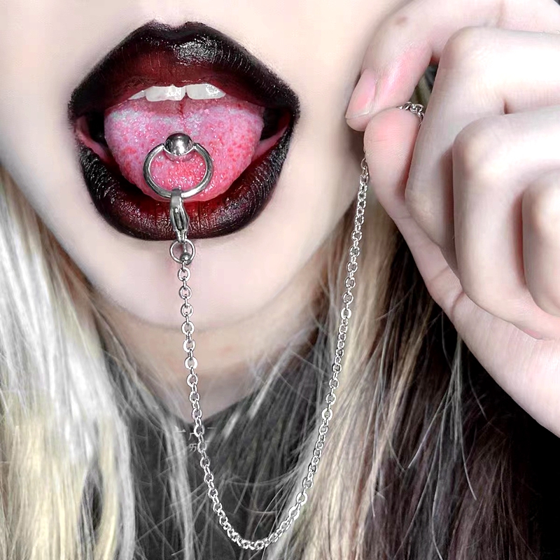 1PC 1.6mm Unisex Tongue-Ring with Chain 14g Bar Barbell Lip Nose Pircing Rings Goth Body Jewelery Steel Tongues Studs Harajuku