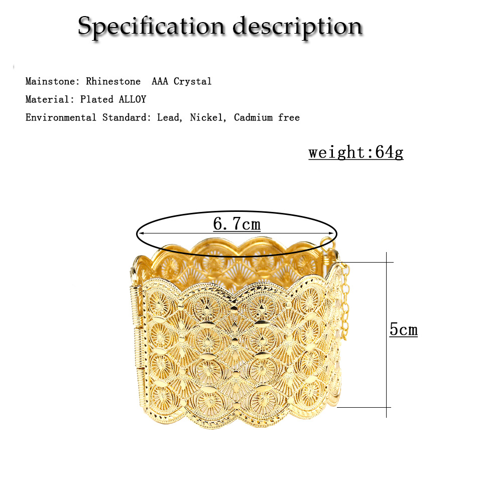 Sunspicems Gold Color Metal Cuff Bracelet Women Hollow Pattern Algeria Morocco Bangle Big Size Ethnic Wedding Caftan Jewelry