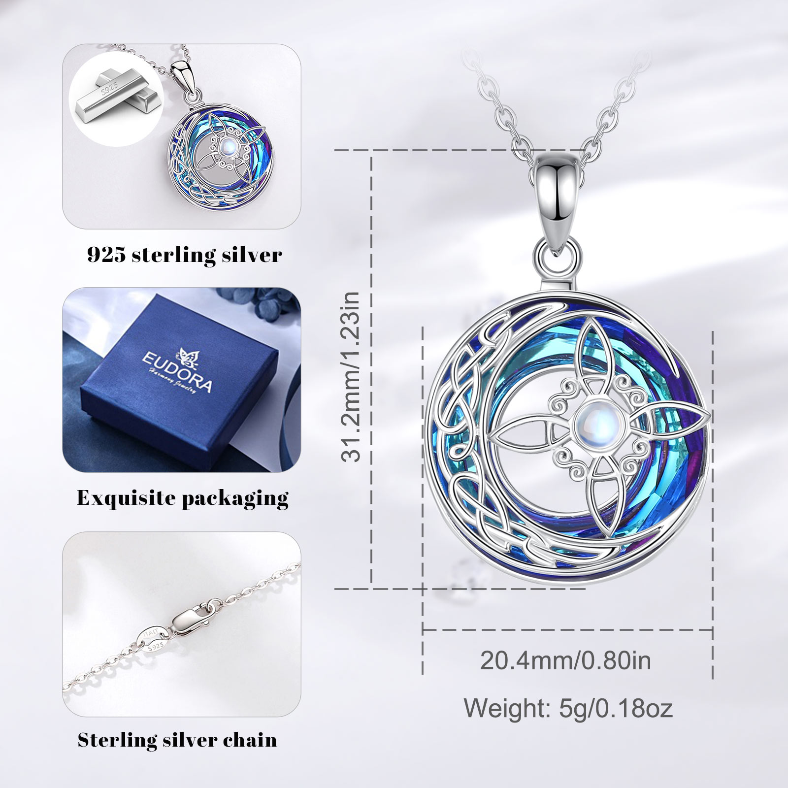 Eudora 925 Sterling Silver Witch Knot Necklace Austrian Crystal Moonstone Knot Amulet Necklaces Witchcraft Jewelry for Men Women