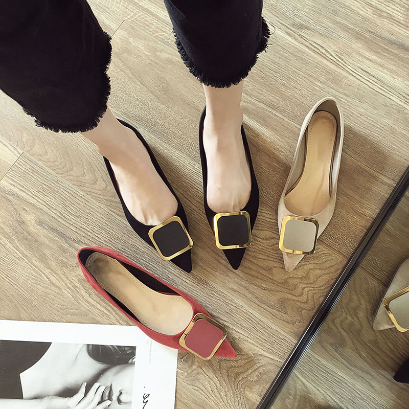 Pointed Toe Shoes Women 2021 Autumn Fall New Square Buckle All-match Shallow Mouth Soft Bottom Black Flat Shoes Scoop Shoes 46