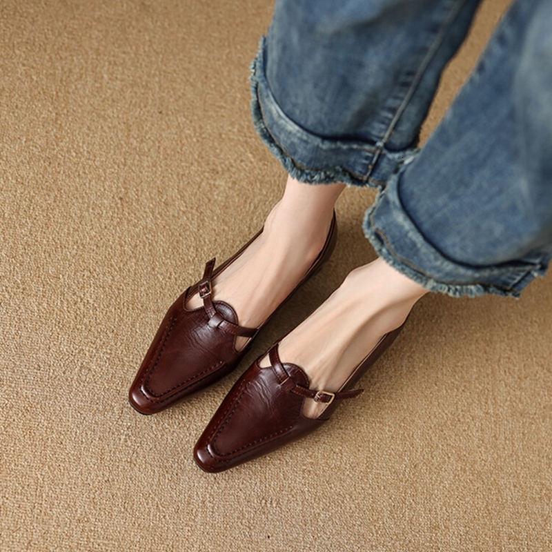 NEW Spring/Autumn Loafers Genuine Leather For Square Toe Chunky Shoes Concise Buckle Low Heel Women Pumps