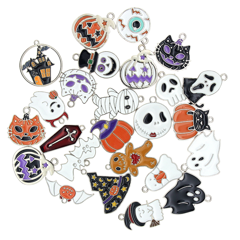 10pcs/lot Silver Color Halloween Charms Enamel Pumpkin Bat Ghost Cat Pendant for Jewelry Making Necklaces Earring DIY Crafts