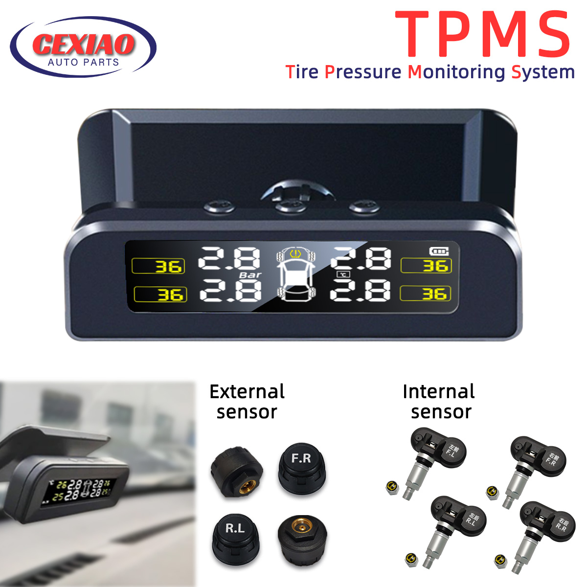 TPMS Tire Pressure Monitoring System Solar Internal External Sensors Real-time Display Temperature Pressure for Car SUV MPV