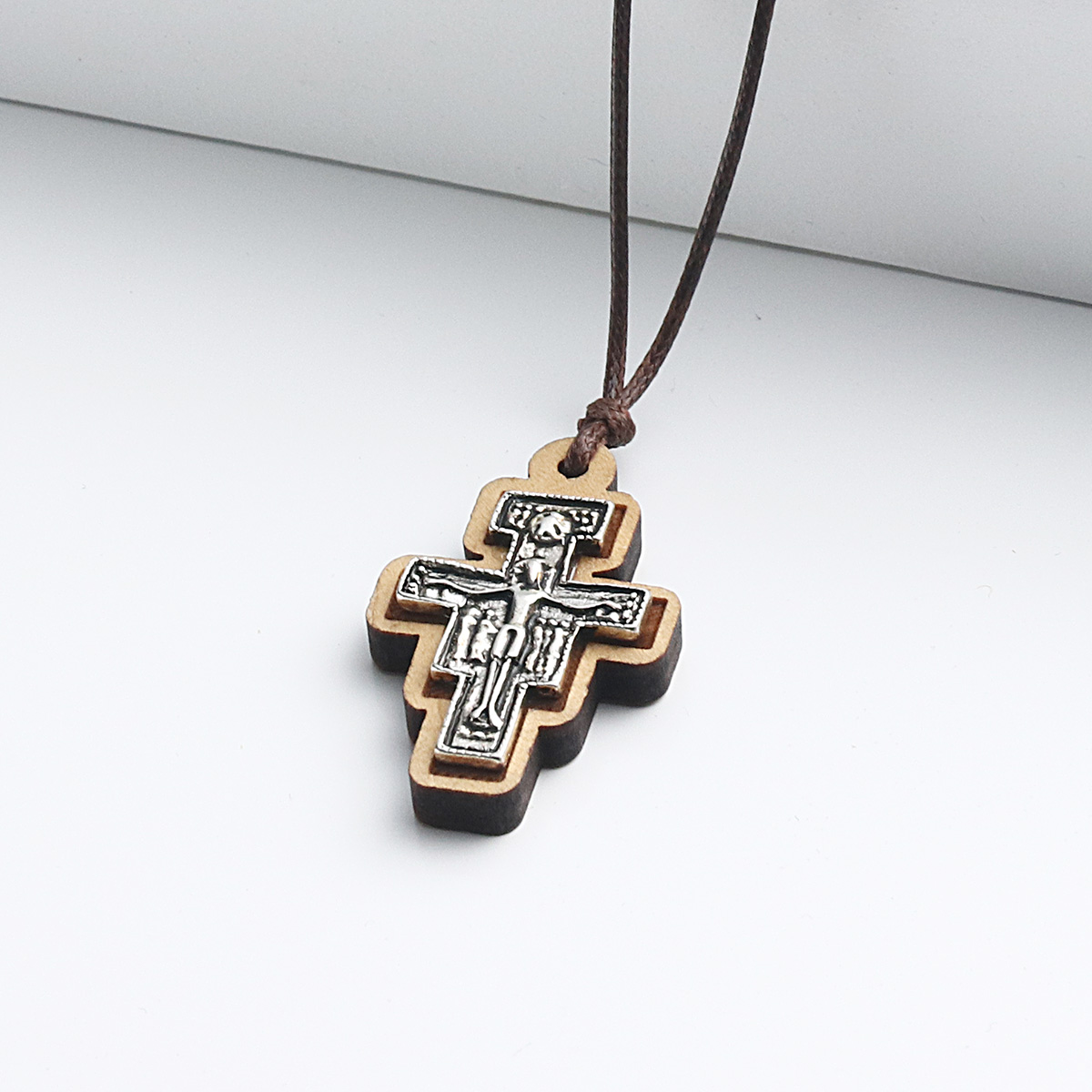 Wood Inlay Metal Saint St Francis of Assisi Crucifix Necklace Blessed San Damiano Tau Cross Pendant Necklace Orthodox Jewelry
