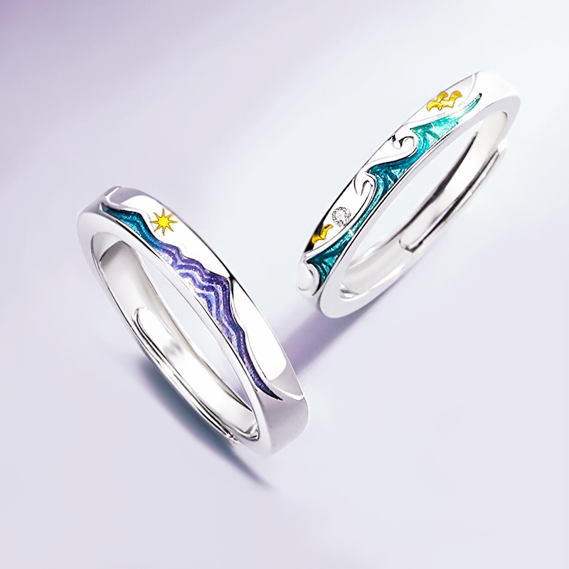 Sole Memory Color Drip Glaze Couple Gift Wave Vow Silver Color Female Resizable Opening Rings SRI962