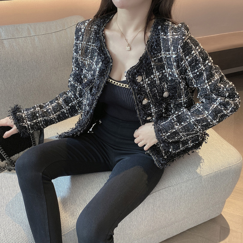 SMTHMA Runway Designer Wool Tassel Coat Women Vintage Plaid Tweed Jackets Golden Buttons Elegant Office Lady Outwear Korean