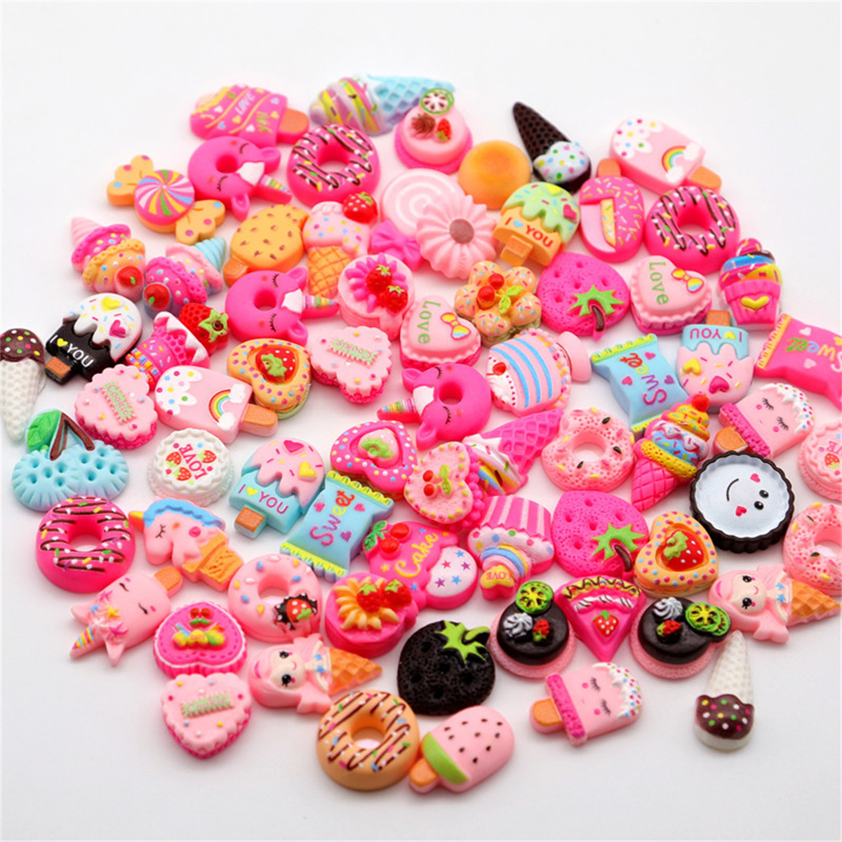 20pcs Korean Kawaii Dessert Donut Nail Art Charms Colorful Cake Resin Heart Bow Flower Nail Decorations DIY Acrylic Accessories