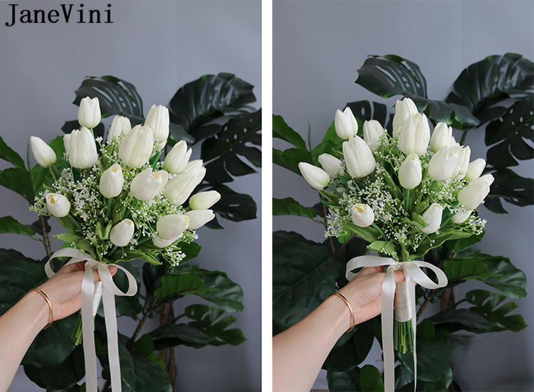 JaneVini Newest Design White Tulip Wedding Bouquet for Bride Artificial Flowers Real Touch Bridal Hand Bouquet Kwiaty Sztuczne