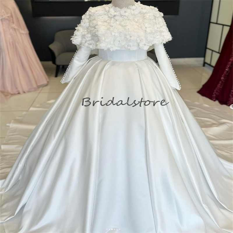 Islamic Muslim 3D Florals Wedding Dresses 2024 Dubai Arabian Turkish Bridal Gowns Long Sleeve A Line Satin Church Bride Dress Vestio De Novias Robe De