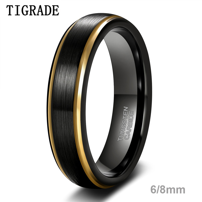 Tigrade Men Brushed Tungsten Black Ring With Gold Color Edge 6/8mm Unisex Women Men Wedding Band for Couple Name Date Engraving