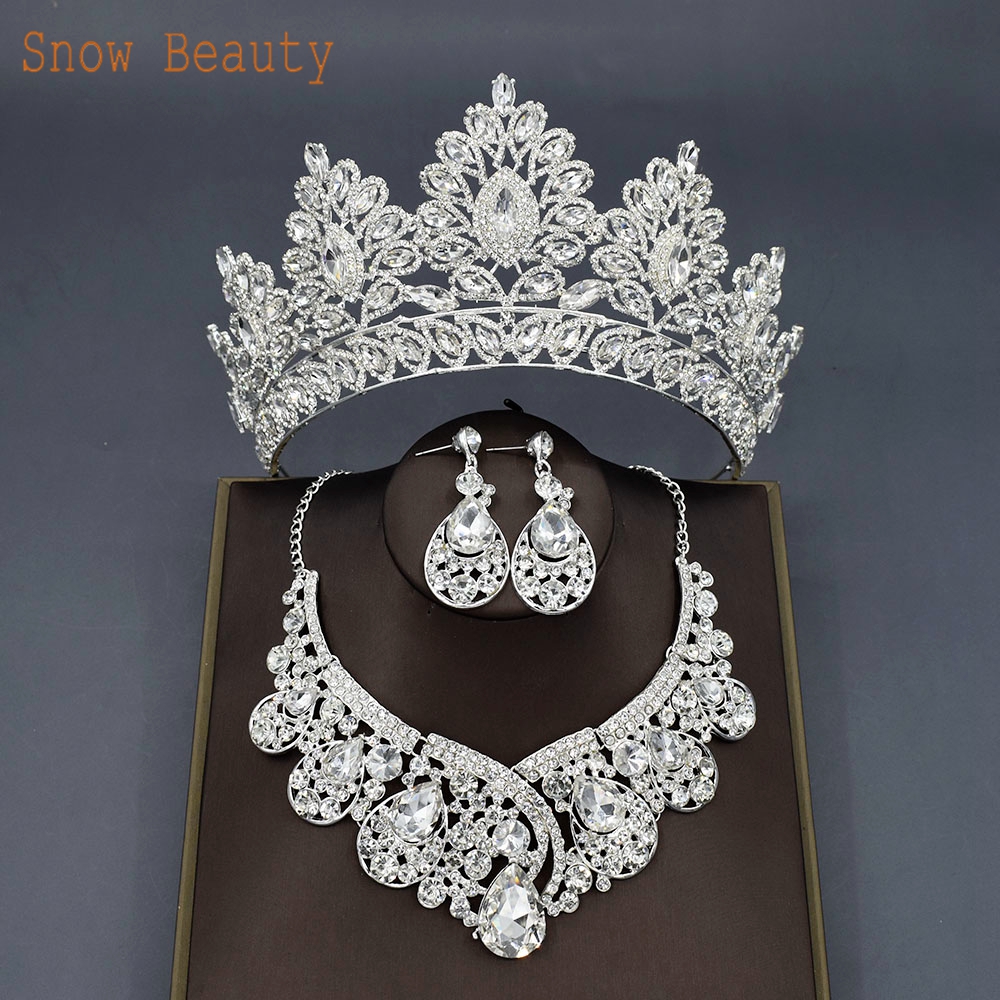 A111 Wedding Tiaras and Crowns for Bride Headwear Earring Necklace Jewelry Set Bridal Headpiece Rhinestone Headband Queen Diadem