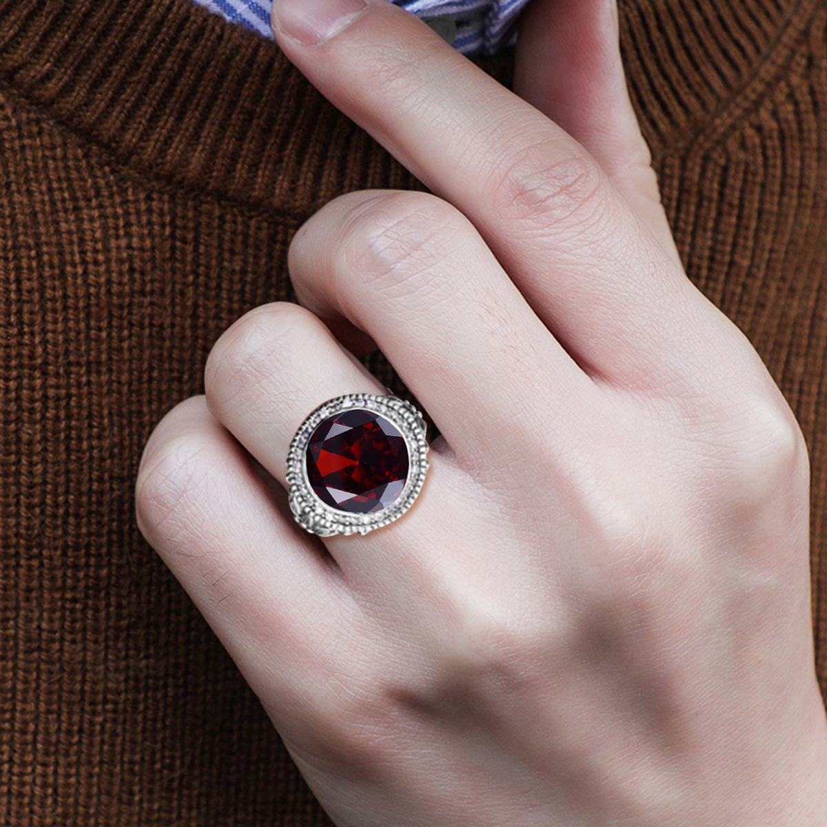 Szjinao Top Quality 15*15mm Massive Round Garnet Rings For Man Birthday Anniversary Party Gift Luxury Trend Silver 925 Jewelry