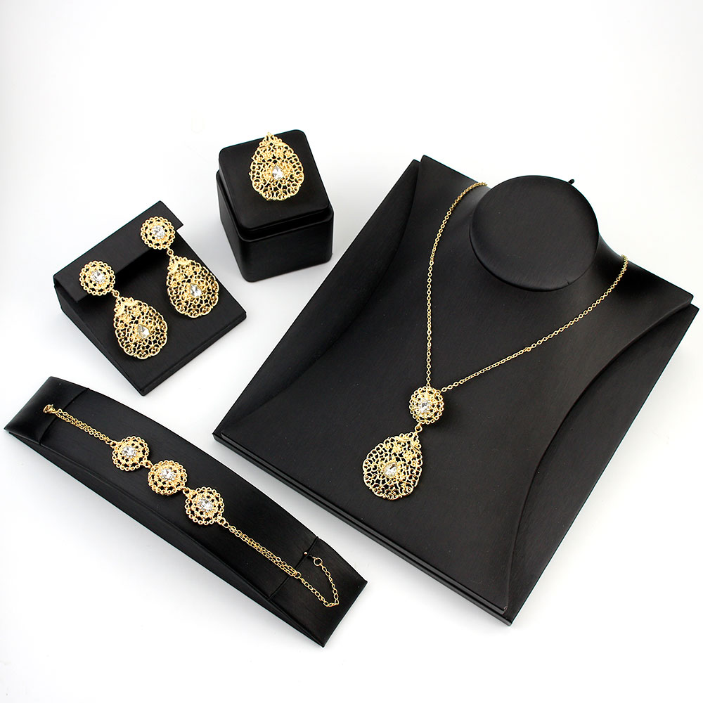 Sunspicems Elegant Morocco Algerian Earring Necklace Ring Bracelet Gold Color Arabic Women Wedding Jewelry Set Africa Bride Gift
